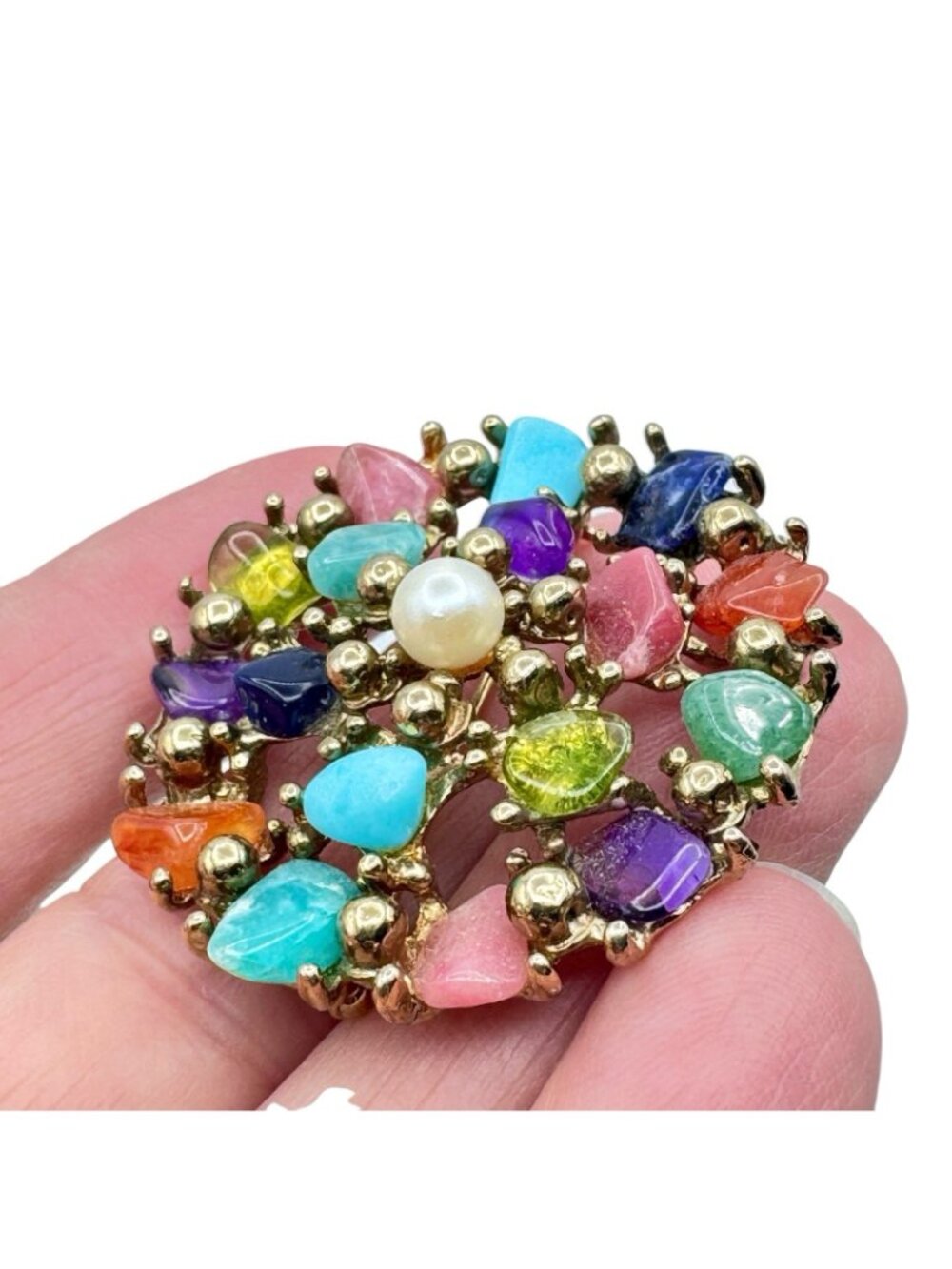 Vintage Multicolor Gemstone Chip Cluster Brooch 70s BOHO Gold Tone Cast Setting - Picture 10 of 16